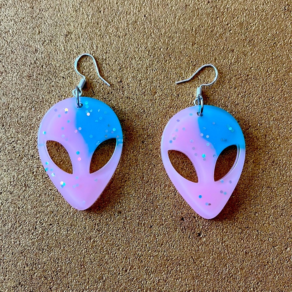 Pink blue alien dangle earrings with glitter